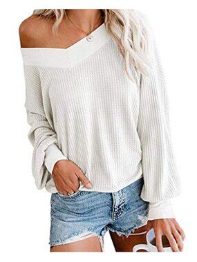 Womens Waffle Knit V-Neck Long Sleeve Oversized Off Shoulder Pullover Sweater